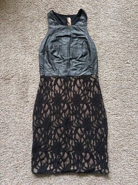 Bailey 44 Black Faux-Leather Bodice & Black Lace Midi Dress